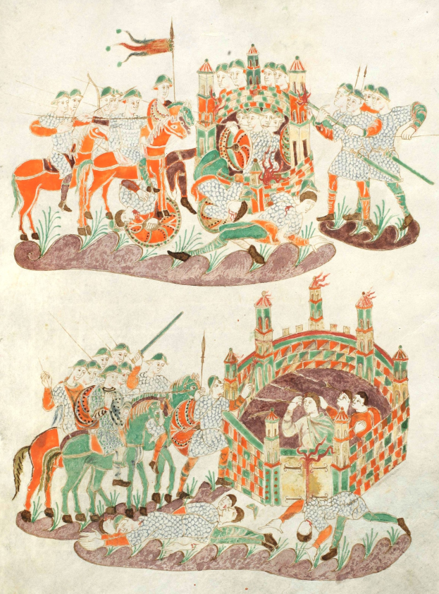 Mittelalterliche Handschriftenseite mit gepanzerten Rittern auf Pferden, die mit Schwertern und Bögen kämpfen, in der Nähe einer Burg, mit grünem Gras, Bäumen und einem tiefblauen Himmel.
