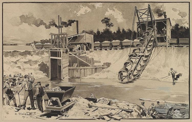 Eine Schwarz-Weiß-Zeichnung einer Gruppe von Menschen, die auf einer Baustelle arbeiten, mit einem Kran im Hintergrund, Bäumen und einem bewölkten Himmel, mit dem Text "1890-1891 Kohlebergwerk in New South Wales" unten.