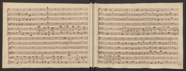Ein aufgeschlagenes Buch mit Noten und Text, das eine Musikhandschrift zu sein scheint.