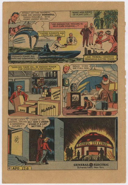 Comic-Heftseite mit einem Mann in einem blauen Anzug mit weißem Hemd und roter Krawatte und einer Frau in einem weißen Kleid mit blauer Schürze und Schalk gegen einen hellblauen Himmel mit weißen Wolken.