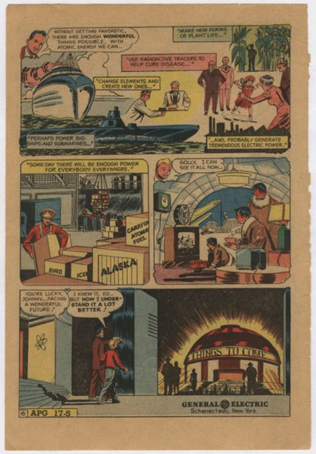 Comic-Heftseite mit einem Mann in einem blauen Anzug mit weißem Hemd und roter Krawatte und einer Frau in einem weißen Kleid mit blauer Schürze und Schalk gegen einen hellblauen Himmel mit weißen Wolken.