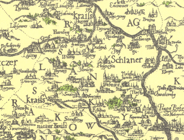 Ein detaillierter Stadtplan von Schlaner, Deutschland, der Straßen, Gebäude, Sehenswürdigkeiten und Illustrationen von Gebäuden und Bäumen zeigt.