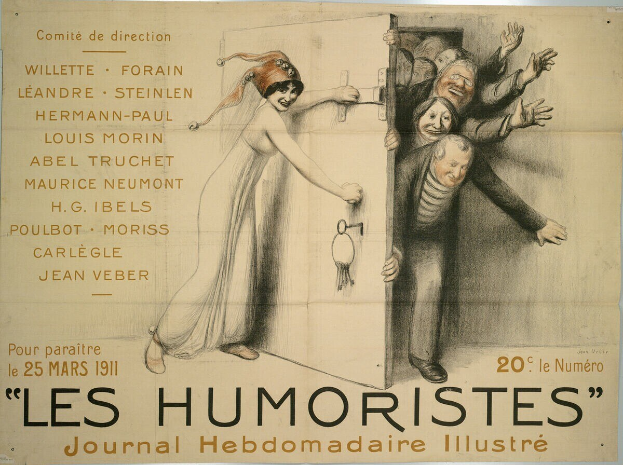 Ein buntes Plakat an einer Gebäudewand mit der Aufschrift "Les Humoristes Journal Hebdomadaire Illustré", das fröhliche, lachende Menschen zeigt.