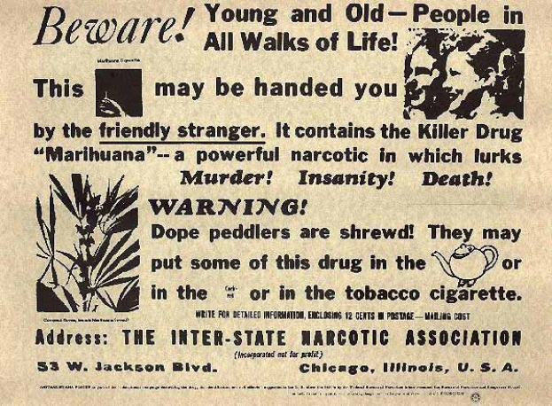Eine alte Zeitungsanzeige für die Inter-State Narcotic Association mit einem Mann und einer Frau, auf der steht: "Vorsicht, jung und alt in allen Bereichen"
