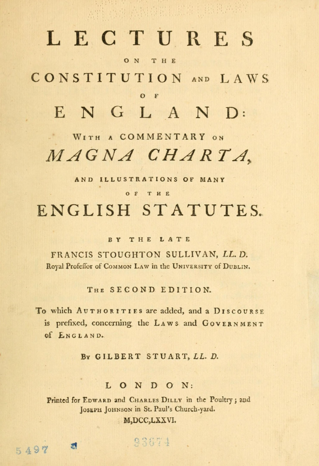 Altes Buch mit dem Titel "Lectures on the Constitution and Laws of England with a Commentary on Magna Charta and Illustrations of Many English Statutes" aufgeschlagen