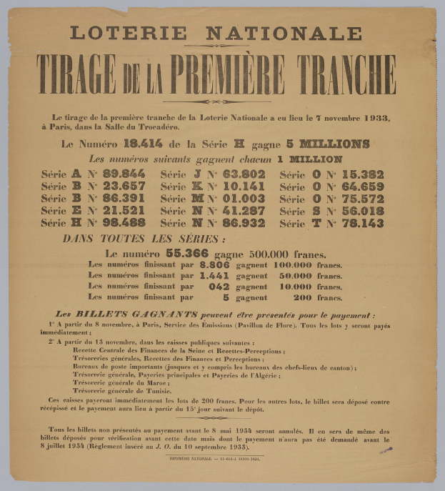 Lotterielos mit 'Loterie Nationale Tirage de la Première Tranche' darauf gedruckt.