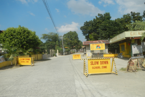 Eine Straße mit einem gelben "Slow Down School Zone"-Schild, parkende Fahrzeuge auf der rechten Seite und Bäume, Gebäude, Pfosten, Drähte und den Himmel im Hintergrund.