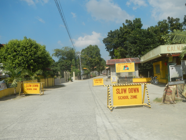 Eine Straße mit einem gelben "Slow Down School Zone"-Schild, parkende Fahrzeuge auf der rechten Seite und Bäume, Gebäude, Pfosten, Drähte und den Himmel im Hintergrund.