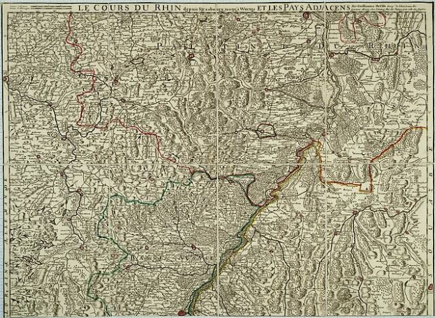 Alte gedruckte Karte der Rheinpfalz-Region in Frankreich, die den Rheinfluss zeigt, mit Text oben und unten auf altem Papier.