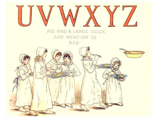 Eine Gruppe von Menschen mit Tellern voller Essen in den Händen, mit einer Schüssel und Löffel rechts daneben und dem Text "Uwxyz - Alle hatten ein großes Stück und gingen ins Bett" oben.