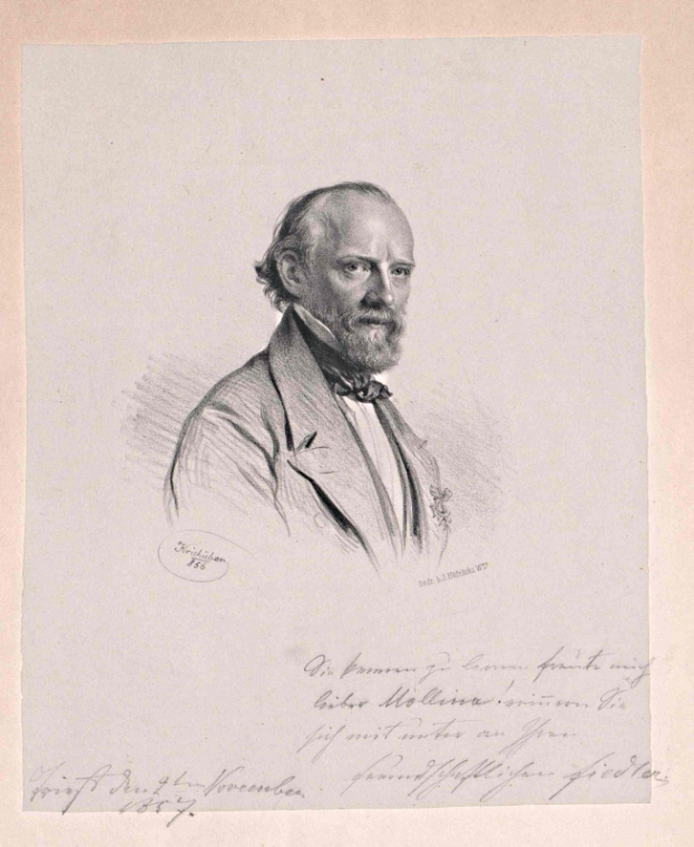 Ein Schwarz-Weiß-Zeichnung eines bärtigen Mannes im Anzug, identifiziert als deutscher Philosoph und Nobelpreisträger Friedrich Wilhelm, mit ernstem Gesichtsausdruck und deutschem Text unten.