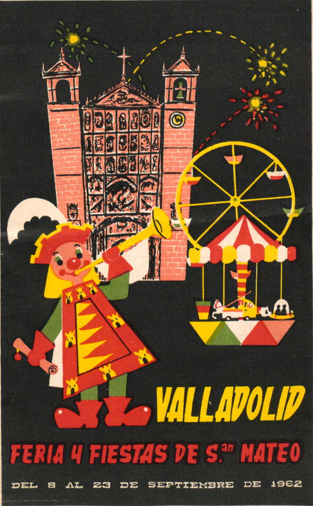 Ein buntes Faschingsplakat, das ein Event in Valladolid, Spanien, ankündigt und ein Gebäude, ein Riesenrad, ein Spielzeug und festliche Texte zeigt.