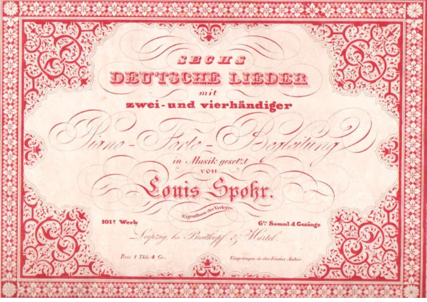 Deutsches Aktienzertifikat mit der Aufschrift "Louis Spohr - Zweites Deutsches Lieder" und einem roten Rand und weißem Hintergrund.