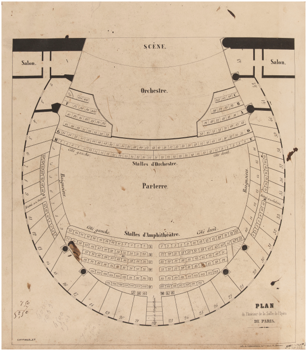 Ein altes Plan von dem Theatre Royal in Paris, Frankreich, das eine detaillierte Planung des Sitzplatzes, der Bühne und des Orchesters zeigt, mit Text, der Layout-Informationen bereitstellt.