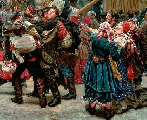 Gemälde, das eine lebhafte Szene von Menschen zeigt, die in traditioneller russischer Kleidung während der Russischen Revolution tanzen, mit einigen Gegenständen in der Hand, vor einer Menge und einem Holzhaus im Hintergrund.
