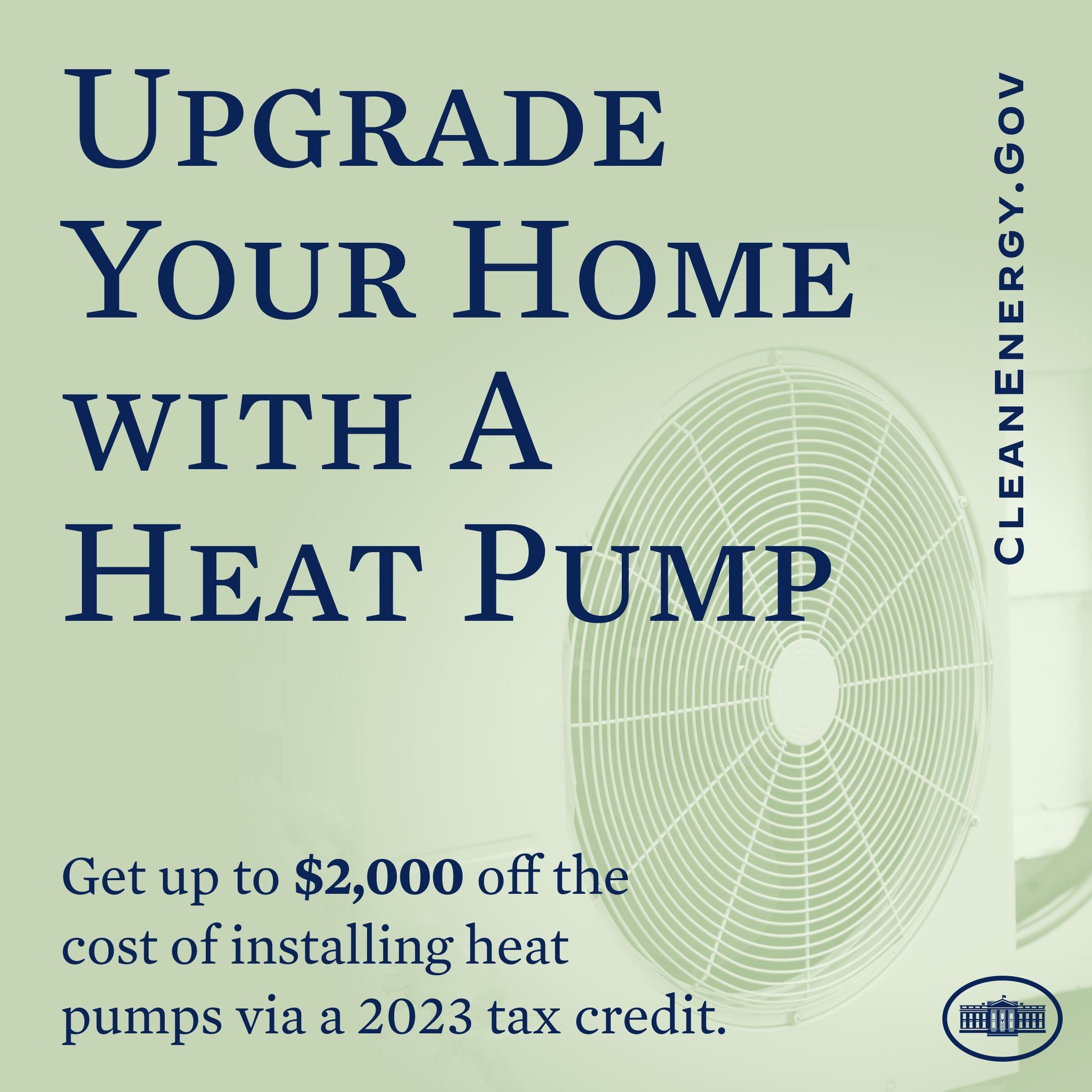 Plakat zur Werbung von Heizpumpen-Upgrades mit einem Bild einer Heizpumpe und dem Text "Upgrade Your Home with a Heat Pump."