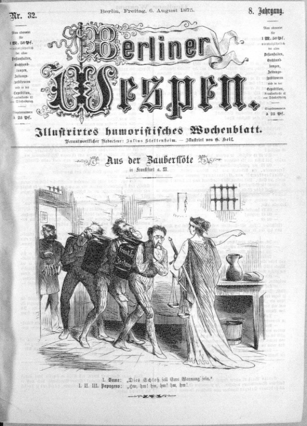 Schwarze und weiße Zeitung mit der Überschrift "Berliner Wespen, 6. August 1875", die eine Gruppe von Menschen zeigt, die besorgt sind, einige schauen ängstlich nach oben und andere verwirrt nach unten.