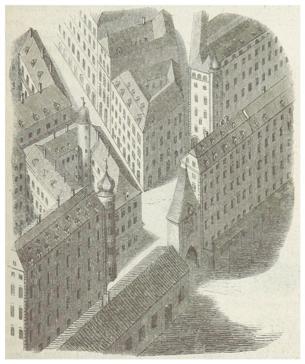 Alte Stadtansicht mit verschiedenen Architekturgebäuden und Text unten.