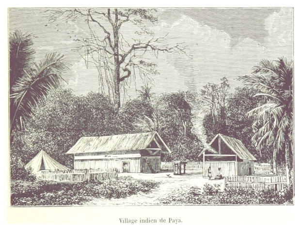 Dorf in den Philippinen mit Häusern, Bäumen, Pflanzen und Himmel, mit Text unten.