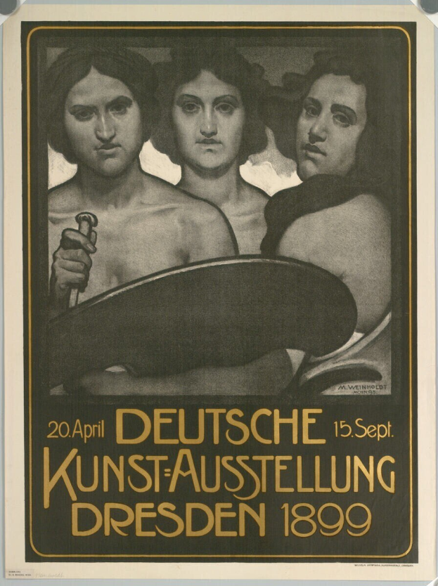 Plakat für eine deutsche Ausstellung in Dresden im Jahr 1899, das drei Personen und Text zeigt, wobei eine Person ein Objekt hält.
