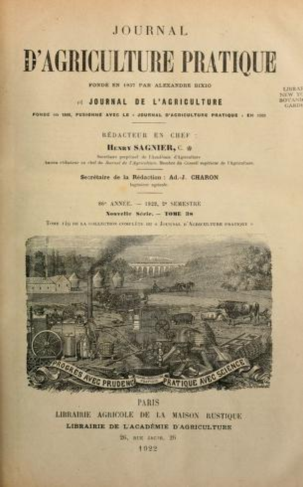 Ein altes Buch mit dem Titel "Journal d'Agriculture Pratique" und einer Farm-Szene auf dem Cover.
