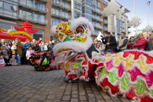 Ein lebendiges chinesisches Neujahrsfest in Amsterdam mit einer Löwen-Tanz-Show vor einem Publikum, das Kameras hält, vor einer Kulisse aus Gebäuden, Laternenmasten und einem klaren blauen Himmel.