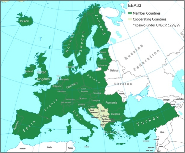 Ein detailliertes Europa-Karte mit den Mitgliedstaaten der Europäischen Union, auf der wichtige Städte, Flüsse und Grenzen markiert sind.