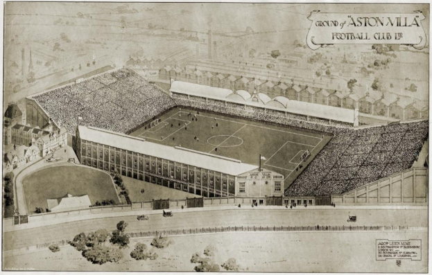 Alte Abbildung des Stadions von Aston Villa Football Club mit Gebäuden, Bäumen und Text, sowie Spielern auf den Rängen und grünem Rasen auf dem Platz.