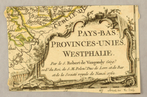 Ein altes Kartenblatt von Westfalen auf einem Stück Papier, das geografische Merkmale wie Flüsse, Berge und Städte zeigt, mit begleitendem Text, der zusätzliche Informationen über die Region und ihre Bewohner liefert.