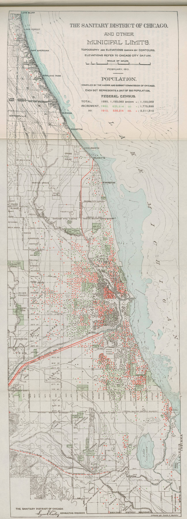 Eine alte Karte des Sanitären Bezirks von Chicago mit Text, der die städtischen Grenzen beschreibt.