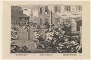 Eine Gruppe von Menschen und Tieren versammelt sich vor einem Gebäude mit Fenstern und einem Laternenpfahl, mit dem Text "Erste Stufe der Grausamkeit" unten.