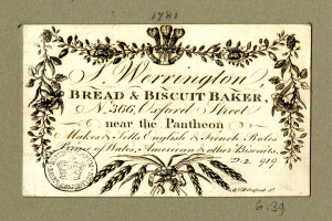 Eine alte Visitenkarte mit einer Zeichnung eines Bäckers und einem Text, der eine Brot- und Keksbäckerei beschreibt.