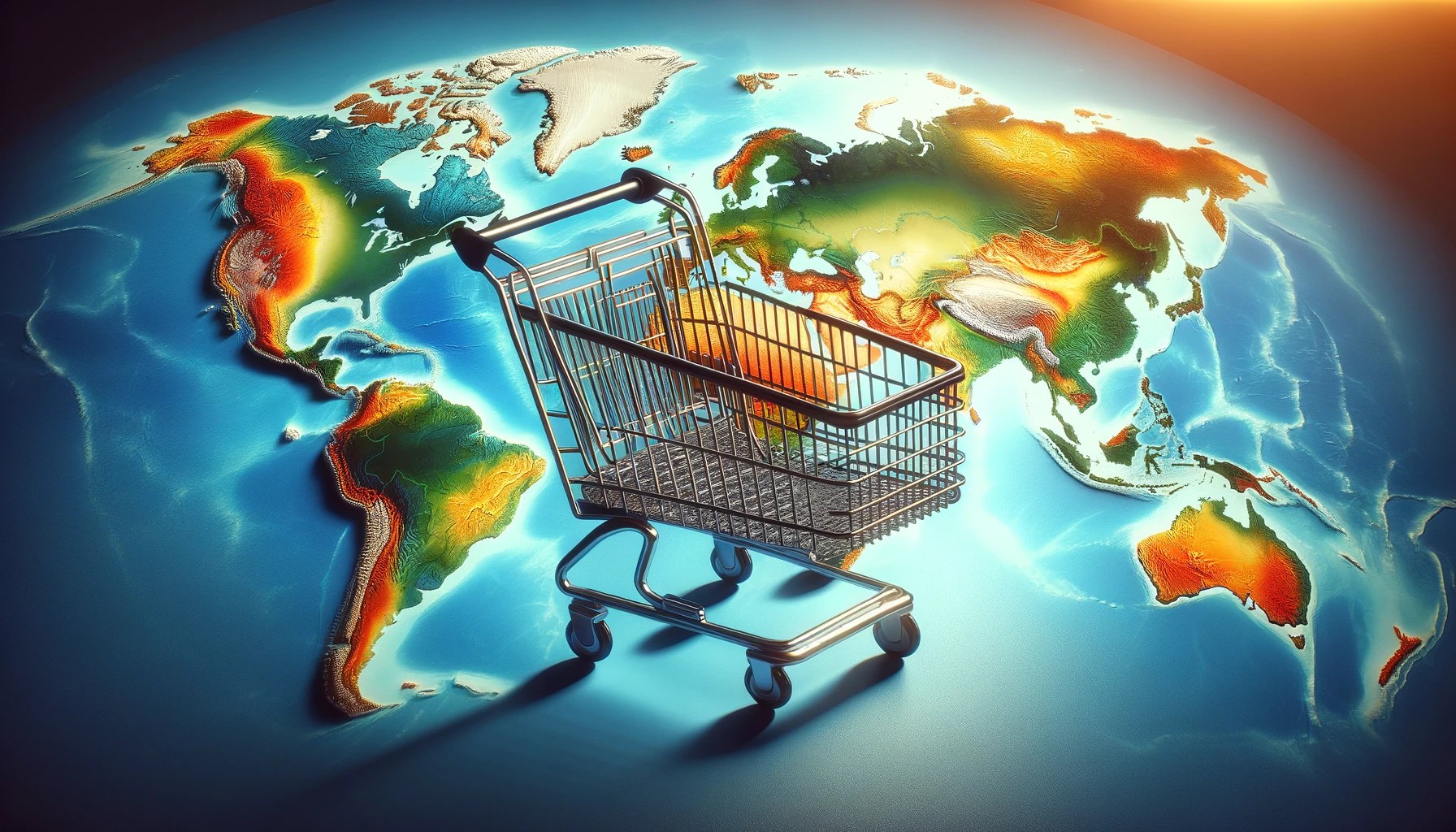 Ein Einkaufswagen voller Lebensmittel steht vor einer Weltkarte, symbolisiert den globalen E-Commerce.