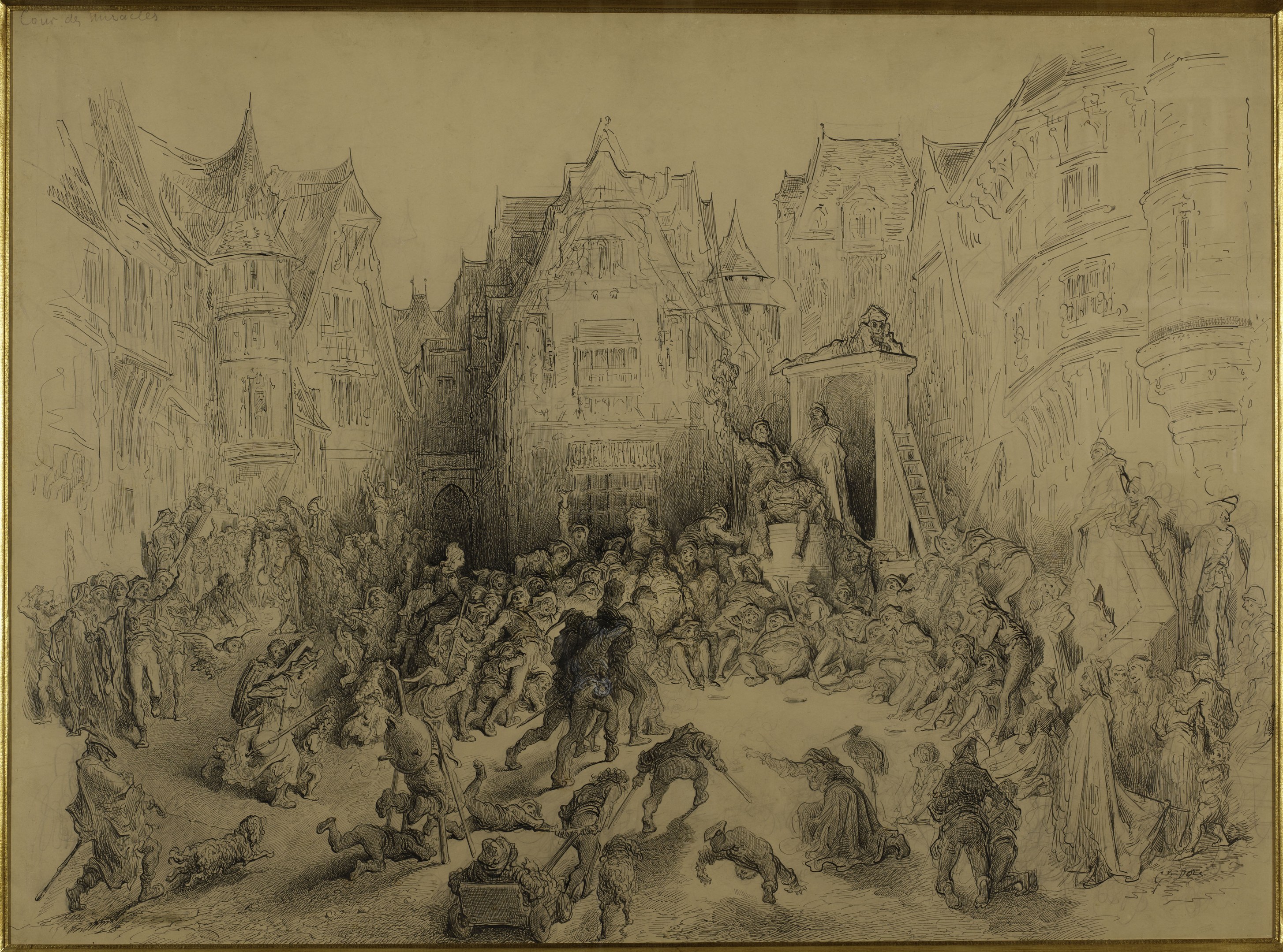 Ein gerahmtes Zeichnung eines belebten Stadtstraßenszenario mit Menschen, die stehen und sitzen, in einer lebendigen Atmosphäre, mit Gebäuden im Hintergrund.