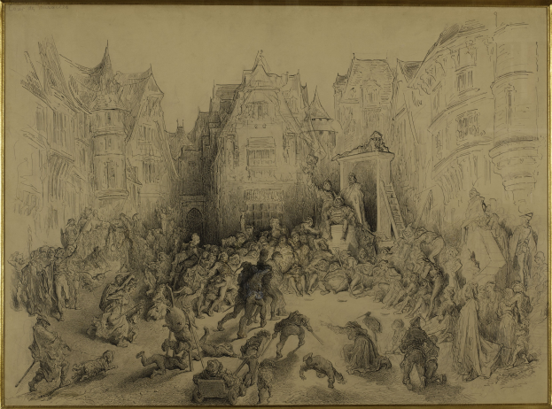 Ein gerahmtes Zeichnung eines belebten Stadtstraßenszenario mit Menschen, die stehen und sitzen, in einer lebendigen Atmosphäre, mit Gebäuden im Hintergrund.