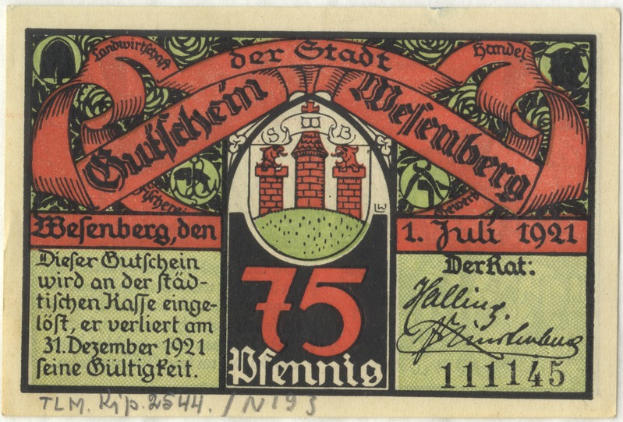 Ein altes deutsches Banknoten mit einem Gebäude darauf, mit der Aufschrift 'Bundesliga' und einem Logo unten, vor einem weißen Hintergrund.