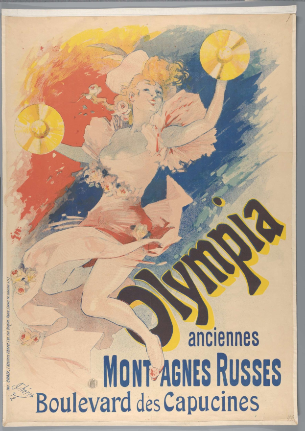 Plakat für die Olympischen Spiele in Mont-Agnes-Russes, Frankreich, das eine Frau in einem bunten Kleid zeigt, die einen Fächer hält und auf dem Text über das Ereignis steht.