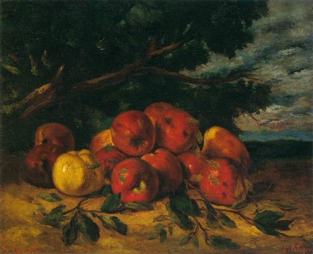 Ein Bild mit dem Titel "Naturstillleben mit Äpfeln und Birnen" von St. Pelagre, das Äpfel und Birnen auf einem Tisch mit einem Baum und einem bewölkten Himmel im Hintergrund zeigt.