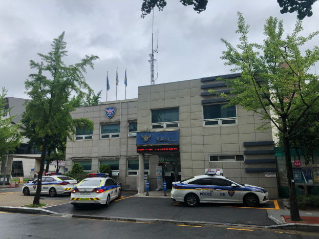 Zwei Polizeiautos vor einem Gebäude mit einem Schild, das 'Polizeirevier' lautet, umgeben von Bäumen, Pfählen mit Flaggen, unter einem bewölkten Himmel.
