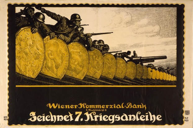 Eine Gruppe von Helmetträgern mit Waffen, mit dem Text "Wiener Kommmerzial Bank" unten, auf einem deutschen Propagandaplakat für die deutsche Armee während des Zweiten Weltkriegs.