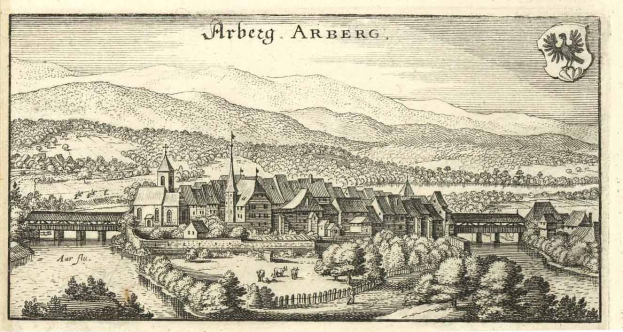 Eine Gravur der Stadt Arberg in Deutschland, die Gebäude, Bäume und Berge im Hintergrund zeigt, mit Text oben auf dem Papier.