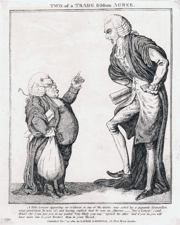 Schwarz-weiß-Zeichnung von zwei Personen, eine hält eine Tasche, mit dem Text "Zwei eines Handwerks Feldom Agree", was eine Diskussion über einen Handwerksabschluss vermuten lässt.