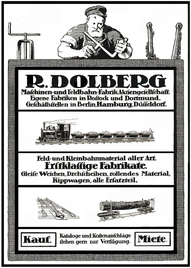 Werbeplakat für die Fabrik von R.D. Dolberg in Hamburg, Deutschland, zeigt Text, eine Person, einen Zug und andere Objekte.