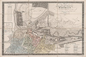 Detailierte alte Karte von Weimar, Deutschland, zeigt Straßen, Gebäude und Sehenswürdigkeiten mit beschreibendem Text.