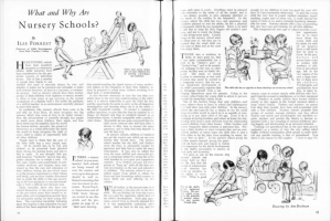 Ein aufgeschlagenes Buch mit einer Zeichnung von Kindern, die in einer Kita spielen, begleitet von Text, Bildern der Kinder und einer Tabelle mit verschiedenen Gegenständen.