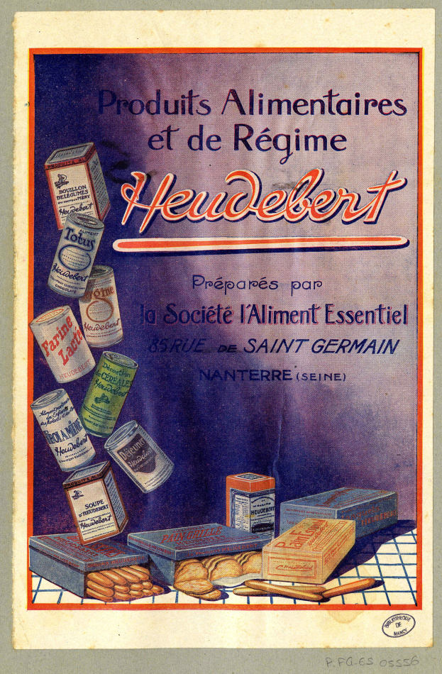 Ein Plakat, das verschiedene Lebensmittel, einschließlich Schachteln, mit der Aufschrift "Heidelberg - Produkte für Ernährung und Diät Heidelberg" zeigt.