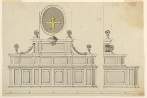 Eine detaillierte Zeichnung eines Kirchenaltars mit einem Kreuz darauf, verziert mit kunstvollen Ornamenten, auf einem Blatt Papier.
