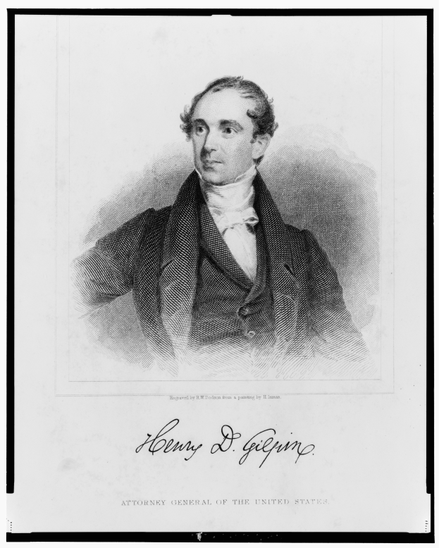 Schwarzes und weißes Porträt von Henry D. Gilpin, ein Mann im Anzug mit ernstem Gesichtsausdruck, mit Text am unteren Bildrand.