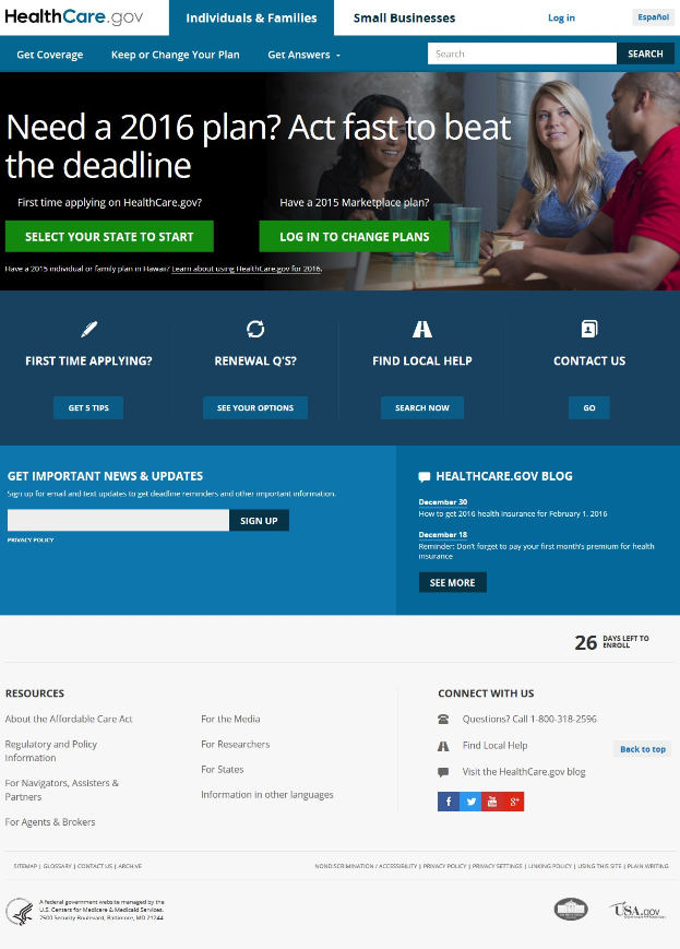 Health Care Gov-Webseite mit einer Gruppe von Menschen, die um einen Tisch sitzen und Gläser und andere Gegenstände haben, mit dem Webseitentitel und einleitenden Informationen.