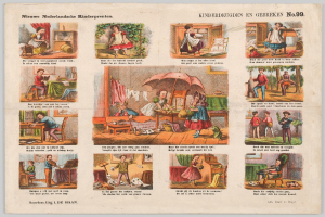 Ein altes Buch mit Illustrationen von Kindern, die im Freien spielen